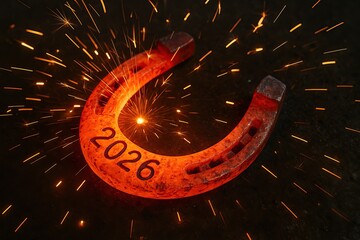 A hot metal horseshoe with the inscription '2026' written on it, sparks flying from the metal.