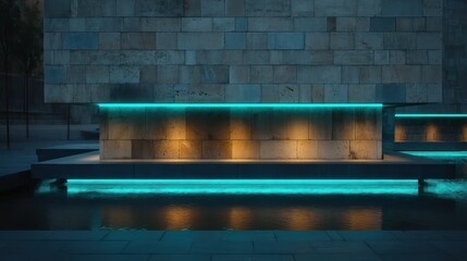 Monolithic stone facade with glowing cyan LED strips sunk between blocks soft side-light during early dawn creating low