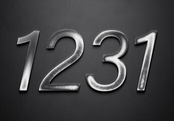Chrome metal 3D number design of 1231 on grey background.