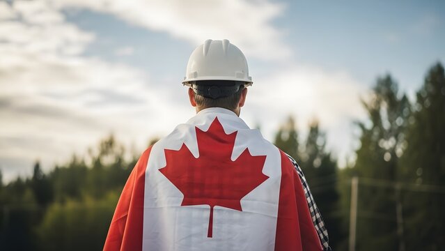 Canadian worker wearing hard hat and flag looking towards the horizon