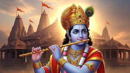 Hindu God Lord Krishna Playing Flute in Ancient Temple with Golden Architecture and Sunset Sky
