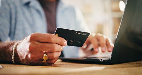 Hands, credit card and person with laptop for online shopping, ecommerce order or store website. Debit, technology and computer with internet banking for payment with bills, purchase or transaction.