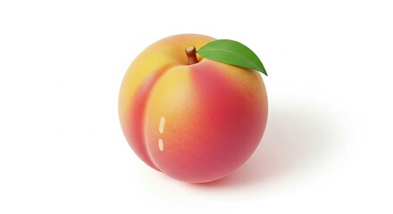 A single ripe peach with a green leaf on a white background.