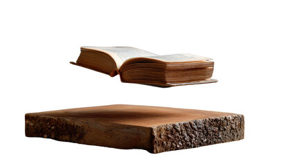 Fototapeta premium Ancient book on a Wooden Plinth: An open, antique book rests gracefully above a rustic wooden plinth, showcasing the elegance of time and knowledge. Capturing an intimate moment in timeless reading.