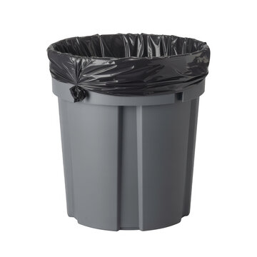 Gray plastic trash can with black garbage bag tied at the rim isolated on a transparent background