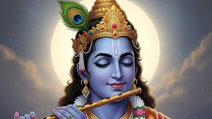 Hindu Lord Krishna Playing Flute Under Moonlit Sky with Peacock Feather and Gold Crown