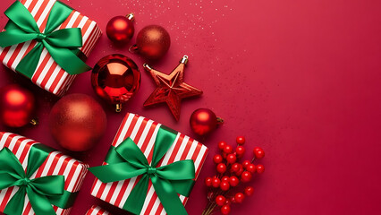 A festive mix of Christmas decorations including striped gift boxes with green ribbons and red ornaments on a vibrant red background with ample copy space