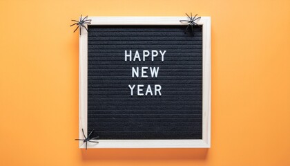 Happy New Year Message on a Black Letter Board with Decorative Spiders