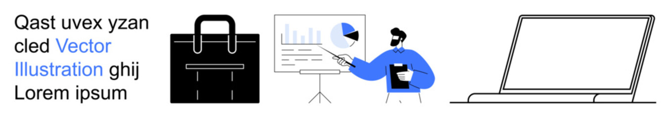 Business strategies, data analytics, office presentations, workplace organization, technology tools, professional planning. Businessman presenting charts, briefcase and laptop. Data analytics