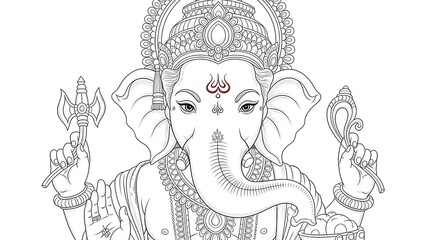 Line Art Illustration of Hindu Deity Ganesha with Elephant Head and Multiple Arms in Sacred Attire