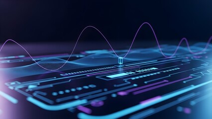 Abstract futuristic digital circuit board with glowing neon lines and data visualizations representing technology and innovation