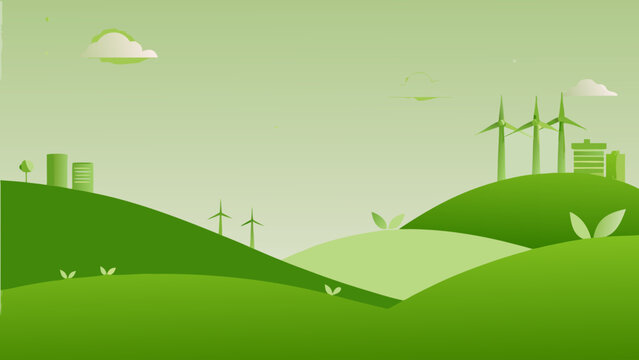 A green landscape featuring rolling hills, wind turbines, buildings, and clouds in a stylized design