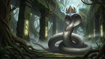 Mythical Serpent with Dragon Head in Mystical Forest Scene