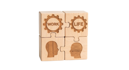 Connected wooden puzzle cubes engraved with gears ("WORK", "LIFE") and human heads facing each other. Work-life balance concept, isolated on transparent background