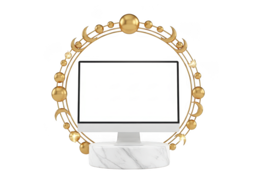 Modern monitor on marble pedestal with golden celestial frame isolated on transparent background - Powered by Adobe