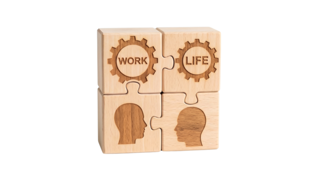 Connected wooden puzzle cubes engraved with gears ("WORK", "LIFE") and human heads facing each other. Work-life balance concept, isolated on transparent background