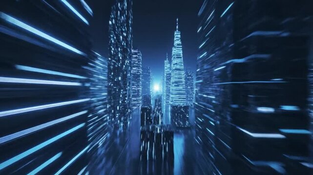 Fly through a vibrant futuristic city with glowing lights and sleek modern architecture for an immersive and dynamic experience