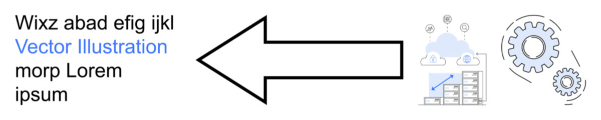 Business processes, data management, analytics, workflow productivity, information flow, innovation. Arrow pointing to gear icons and charts. Business processes and data management concepts