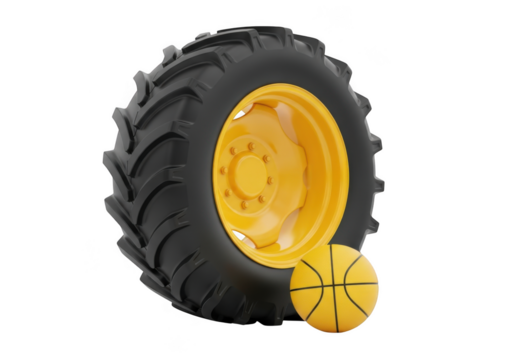 Tractor tire with yellow rim and basketball, isolated on transparent background
