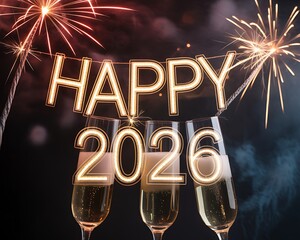 Sparkling new year s eve celebration with champagne glasses and festive fireworks lighting up the night sky