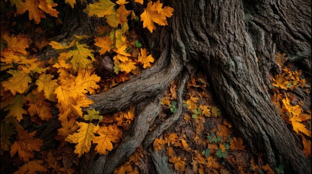 Oak roots entwined with golden leaves sharp in bark ridges and foliage veins shadows placed naturally exposure balanced