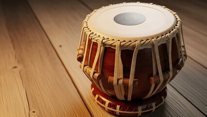 Traditional Wooden Drum with Light-colored Top and Rope Detailing on Wooden Floor