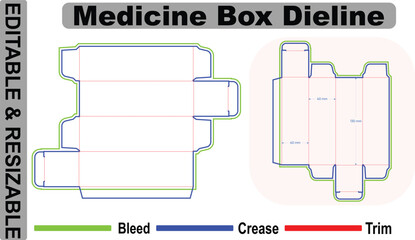 Editable resizable wide medicine box dieline – pharmaceutical carton die cut layout with bleed, trim and crease lines – vector print ready packaging template for healthcare products