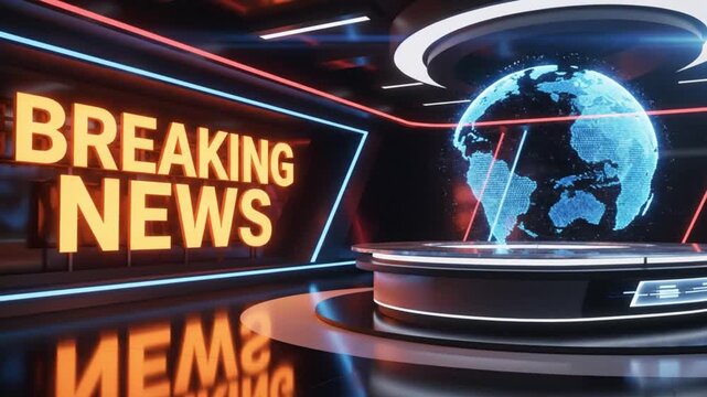 Dynamic breaking news studio set with vibrant lighting and holographic globe, ready for broadcasting global events and important updates right now