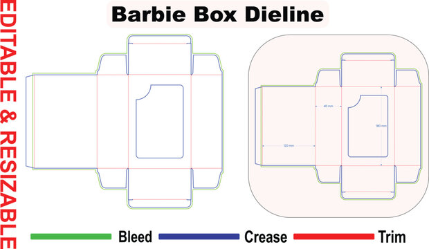 Editable toy doll packaging box dieline template &ndash; resizable vector die cut layout with bleed trim and crease lines &ndash; print ready retail window carton package design mockup