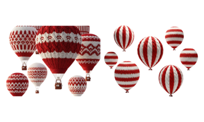 Creative composition of red and white knitted hot air balloons isolated on transparent background