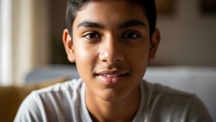 Young Teenage Boy Smiling Confidently Indoors Natural Lighting Casual Style