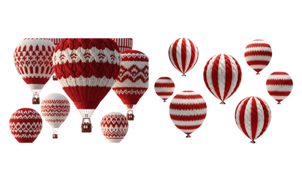 Creative composition of red and white knitted hot air balloons isolated on transparent background