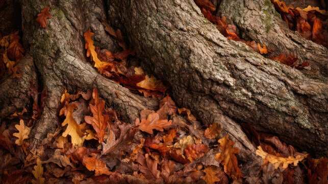 Oak tree roots intertwined with fallen leaves sharp on bark ridges and foliage veins shadows enhancing depth naturally - Powered by Adobe