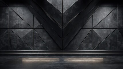 Obsidian wall intersected by symmetrical geometric engravings polished surfaces reflecting subtle highlights shadows crisp and proportional faint haze