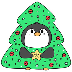 Penguin Wearing A Christmas Tree Costume - Line Color