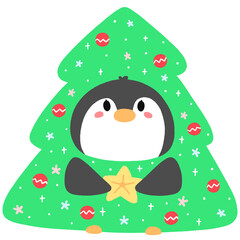 Penguin Wearing A Christmas Tree Costume - No Line