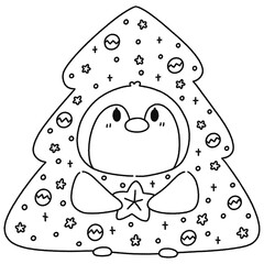 Penguin Wearing A Christmas Tree Costume - Outline
