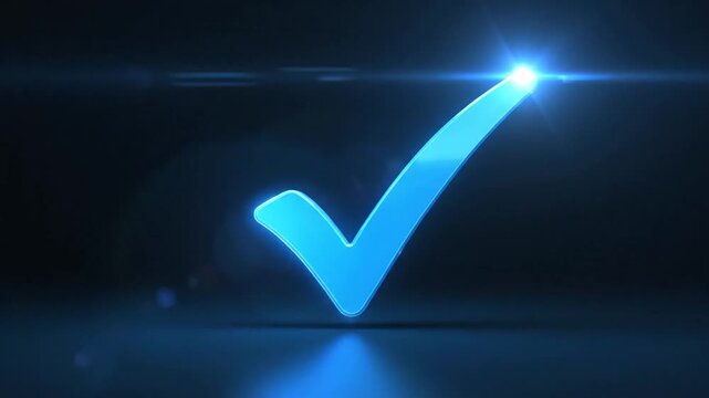 Neon blue checkmark symbol isolated against black background