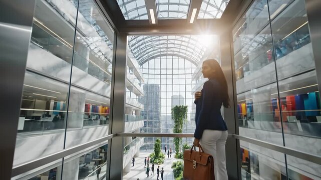 Businesswoman in Elevator Going Up, Looking at Corporate Building View