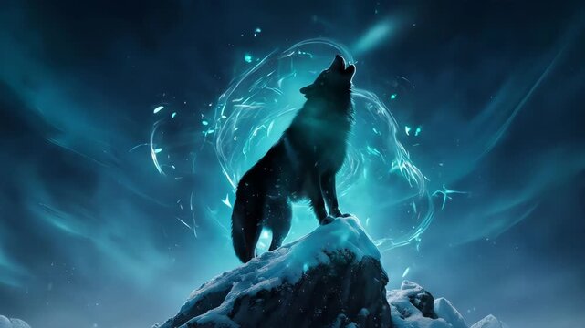 A wolf howls on a snowy peak under an ethereal, blue-lit sky