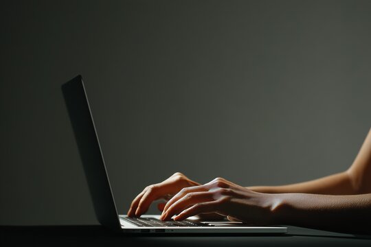 Close-up of hands typing on a laptop keyboard in a dimly lit setting, emphasizing technology and work atmosphere.