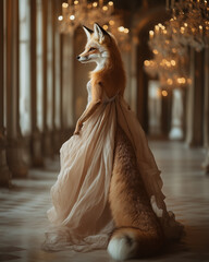 Elegant anthropomorphic fox in a flowing evening gown inside a luxurious palace hall