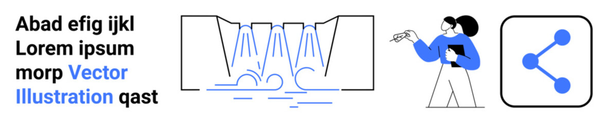 Water management, data sharing, teamwork, environmental planning, educational illustration, futuristic ideas. Abstract water system graphic, character holding document share icon. Water management