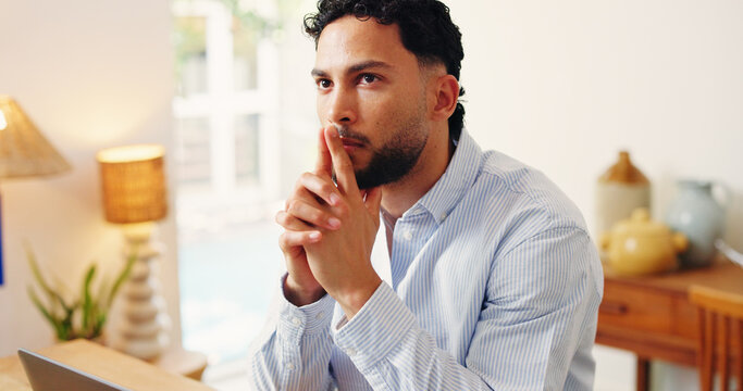 Thinking, serious or man in house with plan, choice or problem solving for startup growth. Reflection, decision or entrepreneur in home with idea, contemplation or solution for small business.