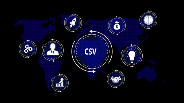 World map with glowing blue network connections and icons representing CSV business concepts Comma Separated Values