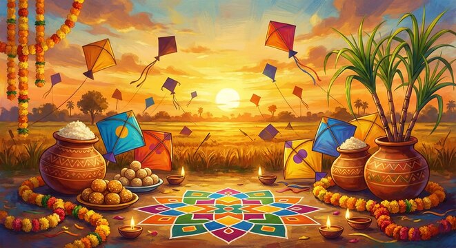 Happy Makar Sankranti 2026, minimalistic poster/banner for Sankranti theme wishes