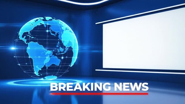 Dynamic breaking news studio backdrop with globe and screen for urgent updates and global events coverage in a modern broadcast environment