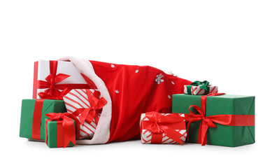Santa Claus bag full of gifts isolated on white background