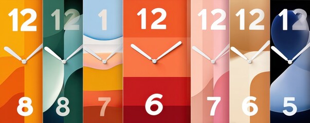Colorful clock collage with bold white numerals for time, art, and decor inspiration