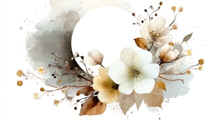 Elegant watercolor floral arrangement frames a central white circular copy space with muted earth tones